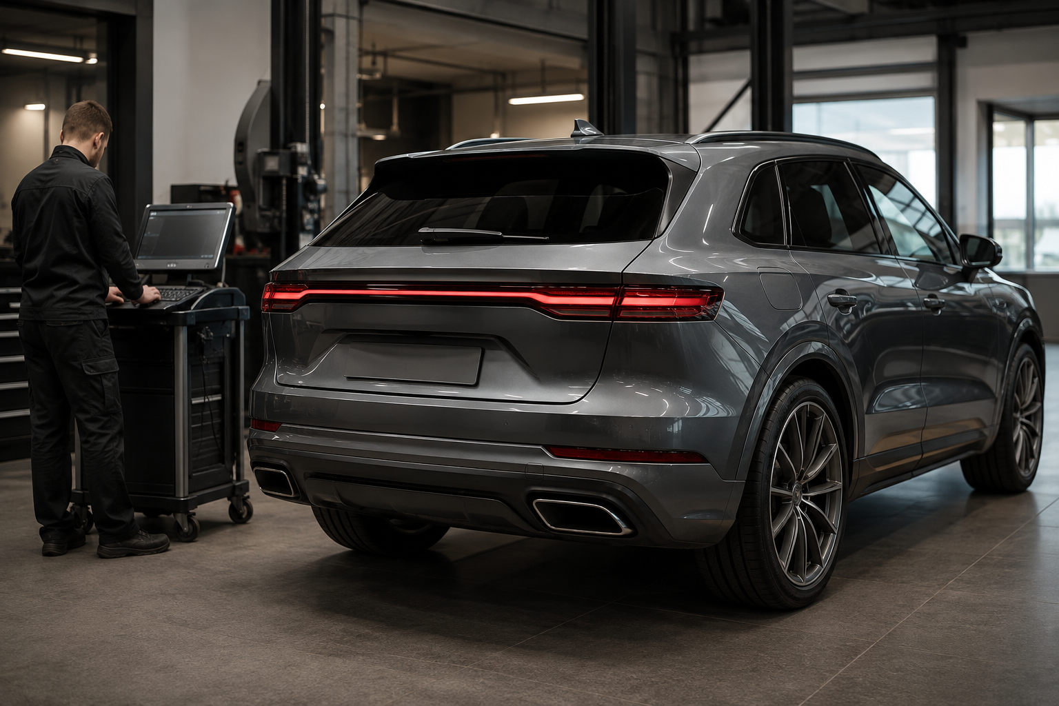 Luxury SUV in diagnostic shop
